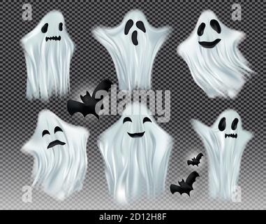 Weiße transparente Ghost-Vektor-Illustration festlegen. Geister auf dunklem Hintergrund isoliert. Das Konzept von halloween, Monster, Geist. Kreaturen aus einer anderen Welt. Vektorgrafik Stock Vektor