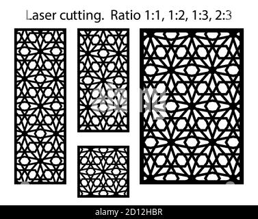 Platten und Siebe für cnc-Schnitt. Laserschneidvektormuster. CNC-geometrische Schablone gesetzt. Stock Vektor