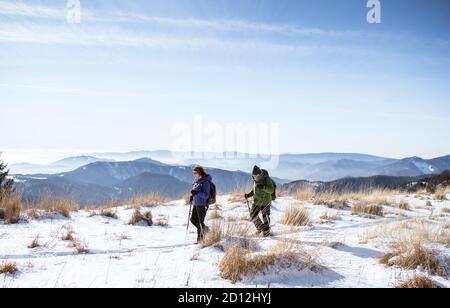 Seniorenpaar mit nordic Walking Stöcken Wandern in schneebedeckter Winternatur. Stockfoto