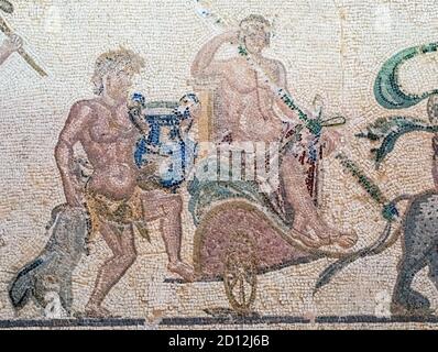 Das Haus der Dionysos Mosaiken, Paphos Archaelogical Park, Zypern: Der Triumph des Dionysos, "Vintage Scenes" Mosaiken. Stockfoto