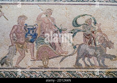 Das Haus der Dionysos Mosaiken, Paphos Archaelogical Park, Zypern: Der Triumph des Dionysos, "Vintage Scenes" Mosaiken. Stockfoto