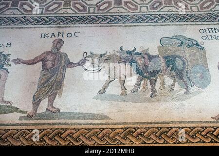 Haus von Dionysos, Paphos, Zypern: Icarios, die die Zügel eines mit Ochsen angetriebenen, doppelrädrigen Wagens halten, gefüllt mit Säcken Wein. Stockfoto