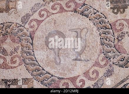 House of Dionysos, Kato Paphos, Zypern: Raum 7 Geometrisches Mosaik, Mosaikboden mit geometrischen Motiven und Alltagsgegenständen. Stockfoto