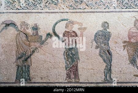 Das Haus der Dionysos Mosaiken, Paphos Archaelogical Park, Zypern: Der Triumph des Dionysos, "Vintage Scenes" Mosaiken. Stockfoto