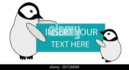 Niedliche Kawaii Pinguin Baby Vektor Illustration Banner. Zwei entzückende Cartoon Kaiser Küken halten ein aquablues Zeichen mit Platz für Ihre Kopie Text Stock Vektor