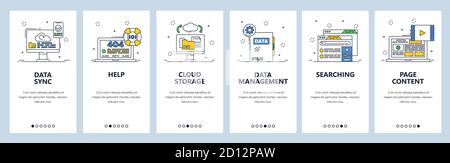 Datensynchronisierung, Cloud-Speicher, Seiteninhalt, Fehler 404. Datenverwaltung. Mobile App-Bildschirme, Vektor-Website-Banner-Vorlage. Stock Vektor