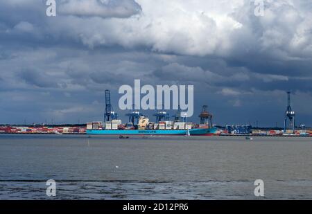 Containerschiffe werden im Felixstowe Port, Essex, England, entladen und verladen Stockfoto