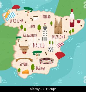 Cartoon-Karte von Spanien. Reisebilder mit spanischen Sehenswürdigkeiten, Gebäuden, Lebensmitteln und Pflanzen. Lustige Touristen Infografiken. Nationale Symbole. Berühmt Stock Vektor