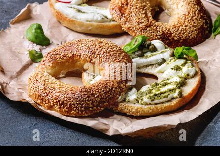 Auswahl an hausgemachten Bagels mit Sesam, Frischkäse, Pesto, Eier, Rettich, Kräutern serviert auf zerknittertes Papier mit Zutaten oben über Blau Stockfoto