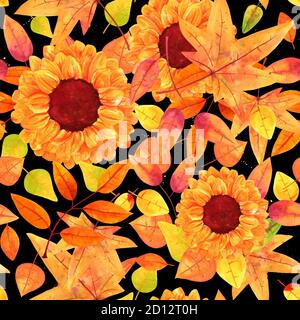 Nahtloses Muster mit wasserfarbenen Herbstblättern und Sonnenblumen auf schwarzem Hintergrund Stockfoto