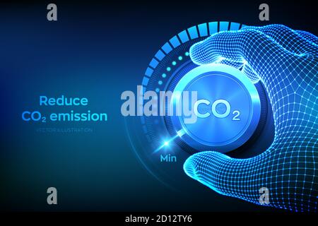 Konzept zur Kontrolle der Kohlendioxidemissionen. CO2-Wert senken. Wireframe Hand Drehen eines Kohlendioxid-Knopf auf die minimale Position. CO2-Reduzierung Stock Vektor