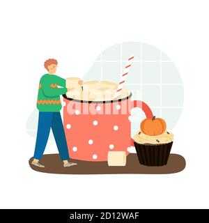 Marshmallow-Getränk und Cupcake mit kleinem Kürbis auf einer Oberseite. Herbst Saison Heißgetränk Konzept Vektor-Illustration. Marshmallow süß Stock Vektor