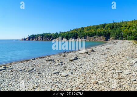 Blick auf Pebble Beach, Cape Enrage, New Brunswick, Kanada Stockfoto