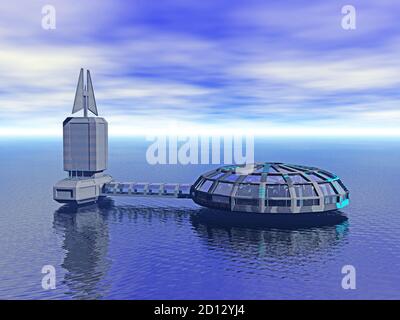 Futuristische Raumstation schwebt im Raum Stockfoto