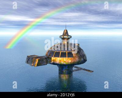 Futuristische Raumstation schwebt im Raum Stockfoto