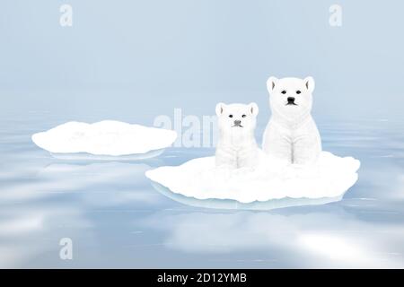 Zwei niedliche Eisbären auf einer verschneiten Eisscholle. Digitale Grafiken. Stockfoto