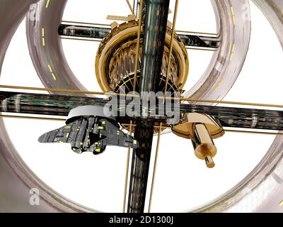 Futuristische Raumstation schwebt im Raum Stockfoto