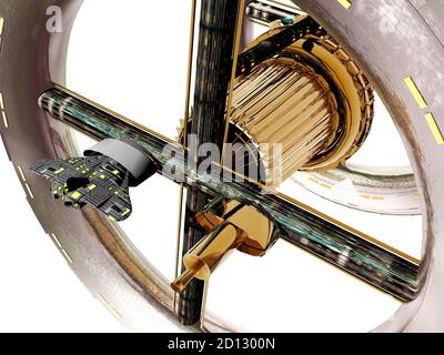 Futuristische Raumstation schwebt im Raum Stockfoto