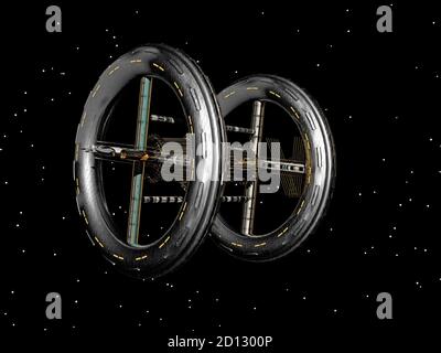 Futuristische Raumstation schwebt im Raum Stockfoto