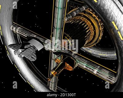 Futuristische Raumstation schwebt im Raum Stockfoto
