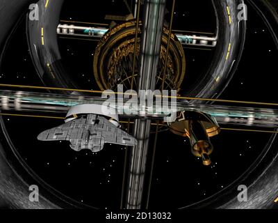 Futuristische Raumstation schwebt im Raum Stockfoto