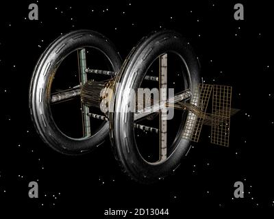 Futuristische Raumstation schwebt im Raum Stockfoto