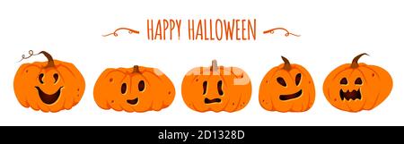 Halloween Kürbisse Papier geschnitten Set. Verschiedene Formen Squash mit geschnitzten niedlichen Gesichtern Emotion. Schild gruselig lustig niedlich schneiden Kürbis Lächeln. Dekor für Oktober Horror Party Einladung. Vektorgrafik Stock Vektor