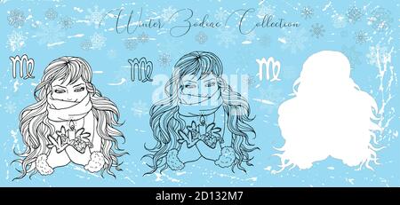 Doodle Set mit Jungfrau Tierkreis Symbol. Mädchen hält Kerze und Nadelbaum vor schneebedecktem Hintergrund. Vektor Hand gezeichnet Winter Illustration, Linie Kunst Design Stock Vektor