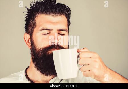 Morgenkonzept. Schöner bärtiger Mann hält Tasse Kaffee, Tee. Lächelnder Hipster-Mann mit einer Tasse frischen Kaffee. Bärtiger Mann lächelt Stockfoto