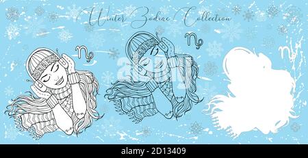 Doodle Set mit Steinbock Tierkreis Symbol. Mädchen hört Musik in Kopfhörer vor schneebedecktem Hintergrund. Vektor Hand gezeichnet Winter Illustration, Linie A Stock Vektor