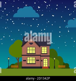 Night Street mit Haus in der Nähe Bäume, Busch, Wolken, flache Cartoon-Quadrat Banner. Städtische Kleinstadtlandschaft. Einzelnes Haus unter Sternenhimmel. Vorort Dorf Nachbarschaft Stadtbild Vektor-Illustration Stock Vektor