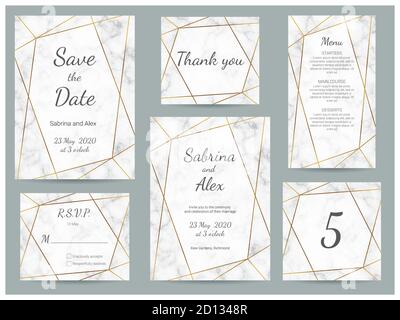 Hochzeitseinladung aus Marmor. Set mit Einladung, Save the date, Thank you Card, RSVP, Menü und Tischnummer auf weißem Marmor Hintergrund. Hochzeitsset Stock Vektor