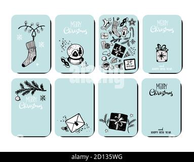Set von Neujahrskarten. Weihnachtsgrüße mit Handzeichnungen. Vektor-Doodle-Illustration auf einem blauen Hintergrund. Kollektion für Design, Verkauf, Einladungen, Urlaubsdekor Stock Vektor