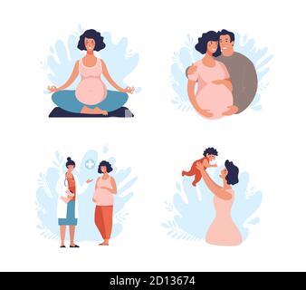 Eine Reihe von Illustrationen über Schwangerschaft und Mutterschaft. Papa und Mama mit einem Baby, das Kind wächst, zum Arzt, Yoga für schwangere Frauen, eine glückliche Familie. Cartoon flache Vektor-Illustration isoliert auf weißem Hintergrund Stock Vektor