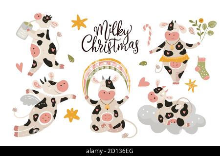 Weihnachten niedlich Cartoon Kuh Vektor Clip Art set. Fröhliche Tier-Kollektion mit Winter-Dekorationen Regenbogen und Sterne. Neujahr 2021. Stock Vektor