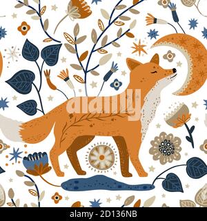 Nordisch skandinavischen Fuchs Tier nahtlose Vektor-Muster. Verzierte Wald detaillierte Cartoon-Tapete auf weißem Hintergrund. Volkskunst Kinderdesign. Stock Vektor