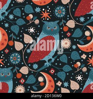 Nordisch-skandinavischer Wildkauzvogel zwischen Blumen. Nahtloses Vektormuster. Hand gezeichnet niedlichen Cartoon Illustration drucken auf einem dunklen Hintergrund. Niedliche Kleidung und Textil-Design. Stock Vektor