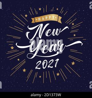 2021 Happy New Year Schriftzug Inschrift vintage Poster. 20 & 21 Zahl und goldene Balken Typografie Vektor Illustration für Weihnachtsbanner Stock Vektor