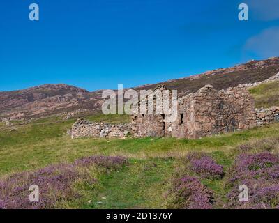 Ein verlassene, verlassene Bauernhaus und Gebäude in der Nähe von North Ham auf Muckle Roe, Shetland, Großbritannien - aufgenommen an einem sonnigen Tag mit einem klaren Himmel im Sommer Stockfoto