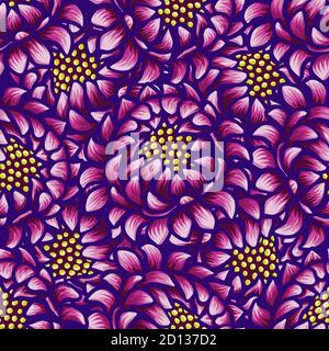 Florale handgezeichnete Vintage nahtlose Muster mit Blumen. Fabelhafte lila Blüten. Tropisches Nahtmuster mit exotischen lebendigen Blüten. Exotisches Textil Stock Vektor