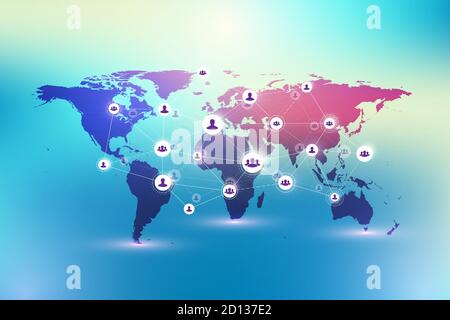 Social-Media-Netzwerk und Marketing-Konzept auf World Map Hintergrund. Globales Geschäftskonzept und Internet-Technologie, Analytische Netzwerke, Illustration Stockfoto