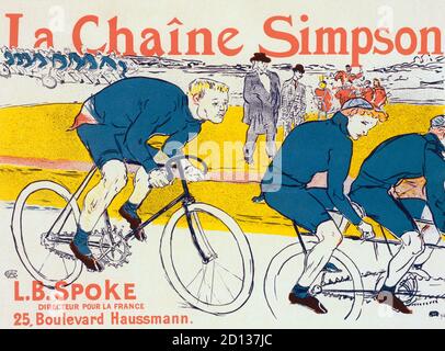 Plakat für La Chaîne Simpson oder die Simpson-Kette, die der französische Künstler Henri de Toulouse-Lautrec 1896 schuf. Die Simpson-Kette war eine neue Art von Fahrradkette, die 1895 vom Engländer William Spears Simpson erfunden wurde. Die Hauptfigur im Plakat zeigt Constant Huret, einen französischen Radsportmeister. Stockfoto