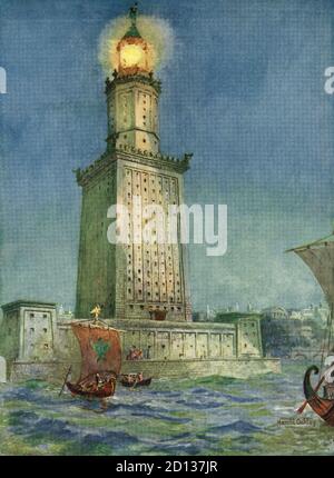 Die Pharos von Alexandria oder der Leuchtturm von Alexandria. Eines der sieben Weltwunder der Antike. Zu seiner Zeit war sie mit einer Höhe von etwa 100 Metern eines der höchsten Bauwerke der Welt. Nach einer Arbeit von Harold Oakley. Stockfoto