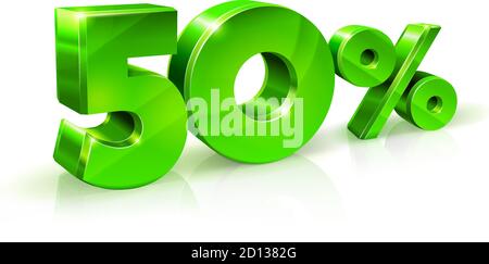 Glänzend grün 50 50 % Rabatt, Sonderangebot. Isoliert auf weißem Hintergrund, 3D-Objekt. Stock Vektor