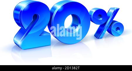 Glänzend blau 20 % Rabatt, Verkauf. Isoliert auf weißem Hintergrund, 3D-Objekt. Stock Vektor