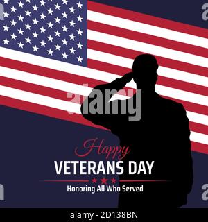 Happy Veterans Tag Banner, Silhouette eines begrüssenden uns Armee Soldaten Veteran auf Flagge Hintergrund. US-Nationalfeiertag 11. november. Amerikanische Flagge. Poster Stock Vektor