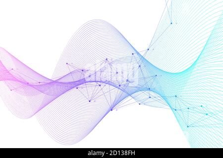 Erweiterung des Lebens. Bunte explosion Hintergrund mit angeschlossenen Leitung und Punkten, Wave fließen. Visualisierung Quantum Technologie. Abstrakte Grafik Stockfoto