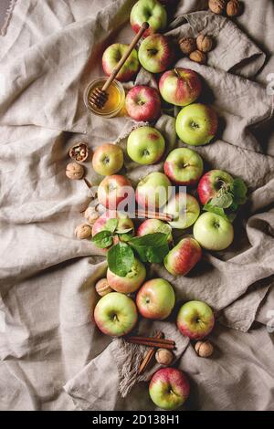 Reif Organic Gardening grün rote Äpfel mit Blättern, Nüssen, Zimt und Krug Honig über Leinen als Hintergrund. Flach, Platz. Herbst harves Stockfoto