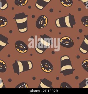 Nahtloser Hintergrund mit einem Muster aus einer Tasse Kaffee und leckeren Donuts. Kaffee Eigenschaften Farbe Hand Gezeichnet Nahtloses Muster. Coffee Sketch Stock Vektor