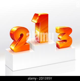 Erster Platz Design. Siegerpodest auf weißem Hintergrund. Weißes Podium mit roten glänzenden Zahlen eins 1, zwei 2, drei 3. Die Auszeichnung für den ersten Platz. Stock Vektor